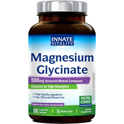 [BRSRAGINCB6GMYDA] Innate Vitality Magnesium Glycinate 500mg | 70mg Elemental Magnesium Supplement - High Absorption, Non Buffered, Non-GMO & No Gluten - Vegan - Nerve Health - 60 Capsules (Pack of 1)