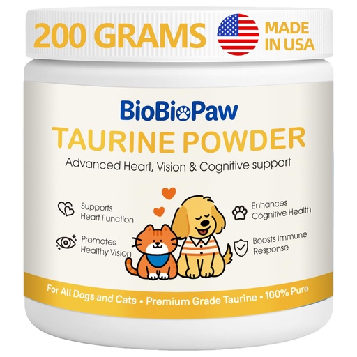 [BRSRGCQKDIBWOC3O] Pure Taurine for Dogs & Cats Taurine Powder Supplement for Pet Puppy Kitty 500mg Unflavored Easy-to-Mix Taurine Supplement for Doggy Supports Immune Heart Vision Skin Vitality Made in USA 200 Grams