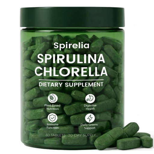 [BRSRGCTYO4NGYEL6] Spirelia Spirulina & Chlorella Tablets, Organic Spirulina Chlorella Combination Supplement, 60 Count