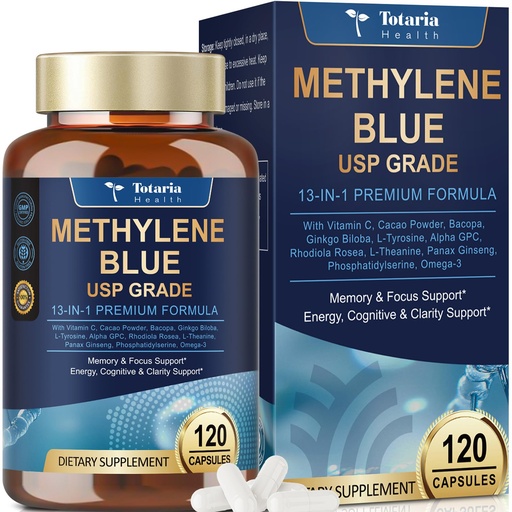[BRSREZIRO57RADIY] USP Methylene Blue Pharmaceutical Grade, Vitamin C Ester, Bacopa, Phosphatidylserine, Omega-3 Fatty Acids - 13 in 1 Upgrade Patented Brain Formula - Memory, Focus, Clarity, Cognitive, 120 Count