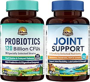 [BRSRAAIBA4PBYGTA] Vitalitown Probiotic + Glucosamine Chondroitin MSM Bundle (Pack of 2) | Probiotics 120 Billion CFUs (Item 1) & Joint Support* (Item 2) | 30 Probiotic Capsules & 90 Joint Capsules
