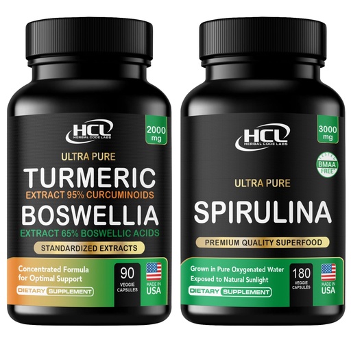 [BRSRGAYDDN6RM3Q7] Turmeric Boswellia Extract Supplement 2000 mg + Spirulina Powder Capsules 3000 mg - Purest Non-Irradiated Blue Green Algae - Best Raw Vegan Protein - Green Superfood - Natural Multivitamins