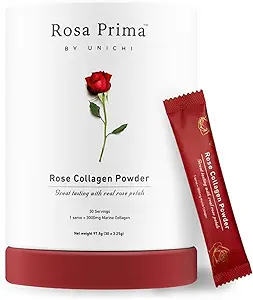 [BRSWYCQQOEBA4ETO] Unichi Rose Collagen Peptides Powder, Hydrolysed Marine Collagen Type I, III with Vitamins A, C, E in Rose Petal Powder for Hair, Nails and Skin Health, 0 Sugar, 0 Fat, Rose Petal Flavour, 30 Servings