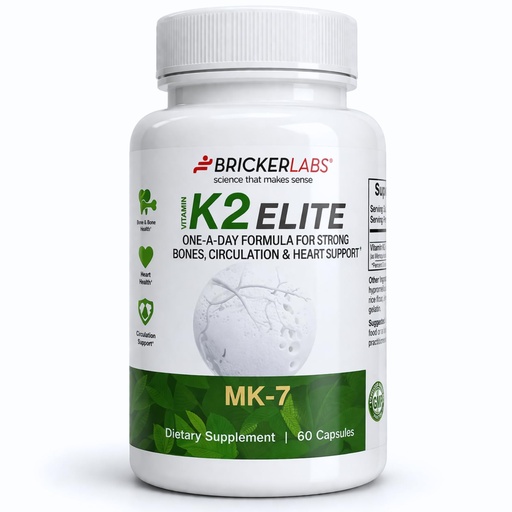 [BRSREFITAQAWO3TH] Bricker Labs K2 Elite Vitamin K2 MK-7 Supplement 160mcg, Supports Bone & Heart Health, Calcium Absorption & Circulation – Non-GMO – 60 Capsules