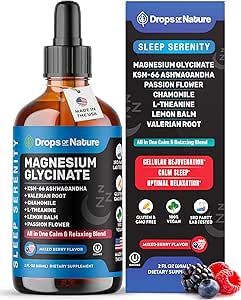 [BRSROBA2PIBROHY3] Magnesium Glycinate & Ashwagandha Liquid Drops with Valerian Root, Chamomile, Passion Flower, Lemon Balm & L-Theanine - Vegan Fast Absorption - Supplement for Wellness & Relaxation (Mixed Berry, 60mL)