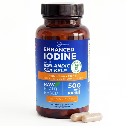 [BRSRGFIKB4NWGYD6] ThyroShield Iodine Supplement – 500 mcg Pure, Raw Form Whole Food Iodine, Potassium Iodide, Icelandic Sea Kelp & Trace Minerals – Daily Thyroid Support for Energy, Metabolism, Vegan – 60 Capsules