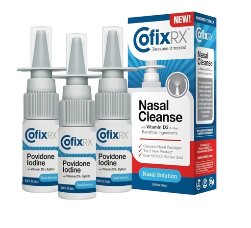 [BRSRO2QYCUBA423A] CofixRx Nasal Cleanse Solution Spray, Povidone Iodine with Vitamin D3 & Xylitol, Cleans Nasopharynx, For Cold Allergy Sinus Relief, Laboratory Tested Patented Formula, Fast Acting & Long Lasting, 3 pk