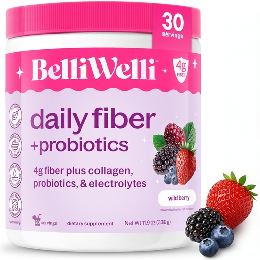 [BRSRGBQQDJ6RMCQY] Belli Welli Fiber Supplement for Women & Men – Premium Daily Fiber Powder from Organic Acacia with Added Collagen, Electrolytes & Probiotics – No Bloat, Constipation & Gut Health Support (Wild Berry)