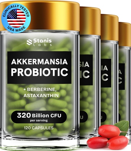 [BRSRAGIQPIAQGFD5] Akkermansia Muciniphila Probiotics 320 Billion CFU| Probiotic and Prebiotic | Akkermansia Probiotics for gut health | Inulin Prebiotic Fiber Capsules Astaxanthin & Berberine & Chromium 480 caps 4 pack