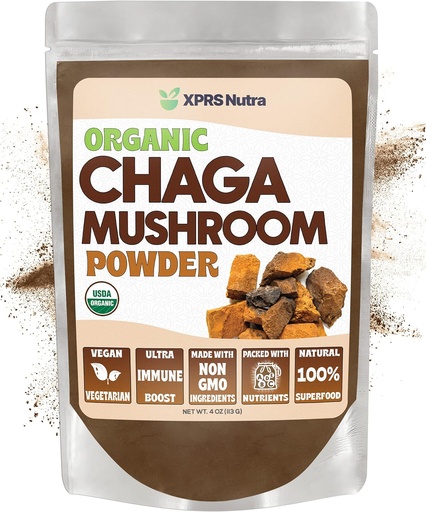 [BRSW22QCBEGRMCLZ] XPRS Nutra Organic Chaga Mushroom Powder - Premium USDA Organic Chaga Mushrooms Powder - Chaga Powder for Immunity - Vegan Friendly Superfood for Chaga Tea and Beverages (4 Ounce)