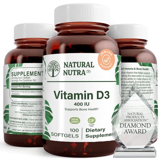 [BRSWIBQADJ7GE3QZ] Natural Nutra Vitamin D3 400 IU Softgels, Gluten-Free Vitamin D, 100 Count | Supports Immune Function, Bone & Teeth Support, Cardiovascular Support