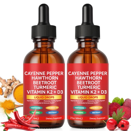 [BRSRE2YHBAGW23LF] 2 Pack Cayenne Pepper Drops, Liquid Cayenne Pepper Organic, Cayenne Health Supplements, Cayenne Pepper Hawthorn Beet Root Turmeric Curcumin, Vitamin K2 & D3, Vegan-Friendly
