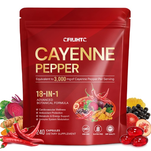 [BRSRGGT6A4NGGDTB] Cayenne Pepper Capsules Supplement | 18-in-1 3000 mg per Serving with CoQ10, Vitamins D3, K2, E & Beetroot | Supports Healthy Circulation, Antioxidant Protection, Metabolism Function* | 240 Capsules
