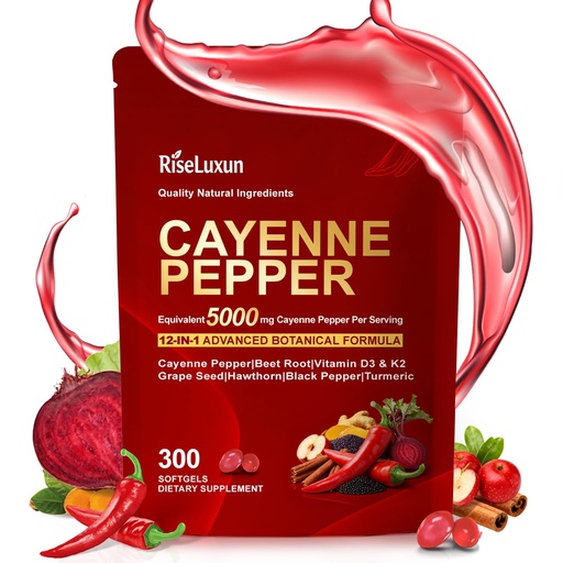 [BRSREBIQOJYA4DI7] 12-in-1 Cayenne Pepper Capsules Supplement*, 5000mg Per Serving Containing | Vitamin D3 K2+E & Extracts of Grape Seed, Hawthorn, Beetroot, Berberine Other Extracts