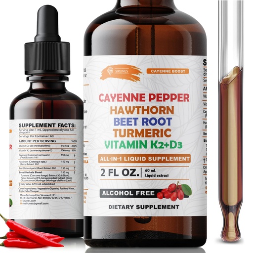 [BRSRGZQ2AQHBYAY4] SIRUNES Cayenne Pepper Drops with Hawthorn Beet Root Turmeric Vitamin K2+D3 Liquid Supplement, Alcohol Free, 2 FL OZ, 60 Servings