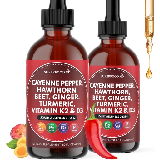[BRSREY33B55BGCQV] Cayenne Pepper Supplement Liquid Drops + Hawthorn Berry, Vitamin D3 K2 Beet Root Powder, Ceylon Cinnamon, Turmeric Curcumin, Organic Panax Ginseng - 4 OZ