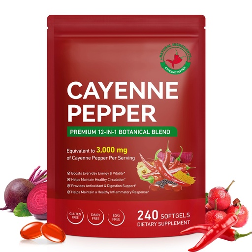 [BRSRGYY2CIOQ2DLO] Cayenne Pepper Softgels Supplement, Rich in Vitamin E D3+K2 and Extracts of Grape Seed, Hawthorn, Beetroot and Others, Supports Leg Vein, Heart and Blood Vessel Health- 240 Softgels/1 Pack