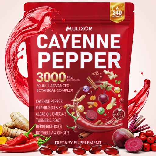 [BRSRGHY5AQFBG2TH] Cayenne Pepper Softgels, 20-in-1 Cayenne Pepper Capsaicin Supplements with D3 K2 E, CoQ10, Omega 3, Turmeric, Beet Root, Berberine, Supports Circulation & Metabolism, 240 Softgels 80-Day Supply