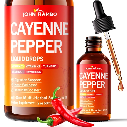 [BRSREHQYOEIQ2E3P] Cayenne Pepper Liquid Drops, Organic Cayenne Pepper Extract with Hawthorn Berry, Beetroot, Turmeric, Vitamin K2 & D3 Supplement for Immune Support, Circulation & Overall Wellness, Gluten Free, 2 Fl Oz