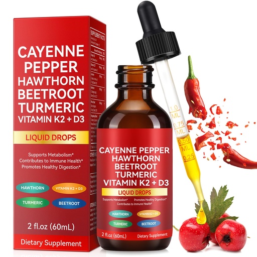 [BRSREGAPCABR42T4] Cayenne Pepper Drops, Cayenne Pepper Hawthorn Beet Root Turmeric Vitamin K2 & D3 Liquid Supplements, Includes Hawthorn, Beet Root & Turmeric, 60ML