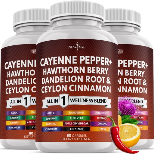 [BRSREEIBPMIQOA3G] NEW AGE Cayenne Pepper Capsules Supplement with Hawthorn Berry, Dandelion Root, Ceylon Cinnamon, Garlic, Ginger, ACV, Milk Thistle, Beet Root, Aloe Vera - 180 Count