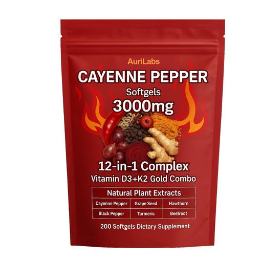 [BRSRGYYQB57GOELV] Cayenne Pepper Softgels - Enhanced with Vitamin D3+K2 Complex - Features Grape Seed, Hawthorn & Beetroot Extracts - Herbal Supplement (1)