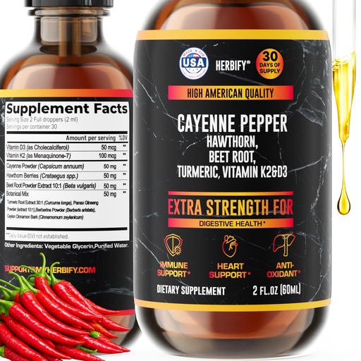 [BRSRE23QDF6BQFIU] HERBIFY Cayenne Pepper Drops - Immune Support Supplement - Detox & Digestion Support - Cayenne Pepper Hawthorn Beet Root Turmeric Vitamin K2 D3 - Energy Supplements Extract - 2 Fl Oz - Made in USA