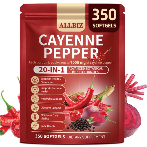 [BRSRGCQTA4MG2E3D] 20-in-1 Organic Cayenne Pepper Capsules Supplement 7000mg | 350 Softgels | with Organic Vitamins D3 K2 E, Curcumin, Berberine, Probiotics & Omega-3 | Supports Circulation,Digestive & Bone Health