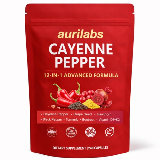 [BRSRGEITDMMBQ2TB] Aurilabs Cayenne Pepper softgels - Vitamin D3+K2 Complex, Circulation Support Formula with Capsaicin & Botanicals, Vegetarian, Non-GMO Softgels for Daily Wellness (1)