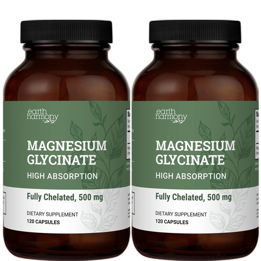 [BRSROZYQCIAQAD3B] Earth Harmony Chelated Magnesium Glycinate 500mg - 120 Capsules (2-Pack, 1000mg Total)