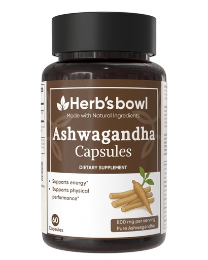 [BRSRGAINCQIBEYD3] Herb's Bowl Ashwagandha Capsules, 800 mg per Serving, Pure Ashwagandha Root Powder, Natural Ingredients, Supports Energy and Physical Performance, 60 Veggie Capsules