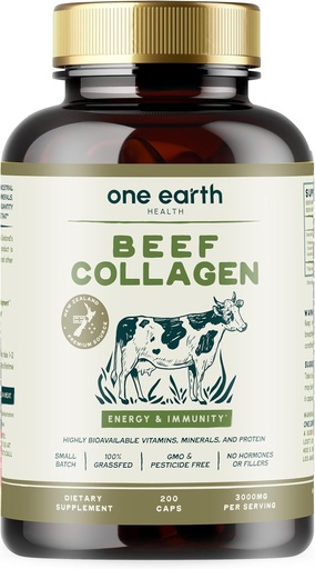 [BRSRMEAQCQCGMCLO] One Earth Health Grass Fed Beef Collagen - New Zealand Sourced Natural Collagen Supplement. (Tipos I, II, III, V y X) 3000 mg por servicio, 200 Conde