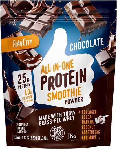 [BRSROZYPBFYBGELJ] FlavCity Grass Fed Wei Chocolade Proteïne Poeder - 25g Proteïne & 10g Collageen - Gemaakt met Biologische Cacao, Bananen & Kokosmelk - Glutenvrij & Geen Toegevoegde Suikers (20 Servers)
