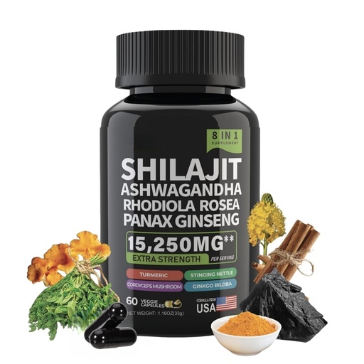 [BRSRE2QDOQIBSELV] Shilajit Ashwagandha Capsules, 8-in-1 Herbal Multivitamin for Men and Women, with Rhodiola Rosea, Ginseng Turmeric, Mushroom Extract, for Immune Support, Energy, Calm, Focus, Clarity, Sleep (60 Count)
