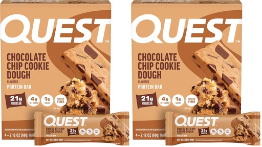 [BRSRGGQKBFYRUELU] Quest Nutrition Chocolate Chip Cookie Dough Protein Bars,21g Protein,4,Net Carbs,1g Sugar,High Fiber,Gluten Free,Keto Friendly,4 Count (Pack of 2)