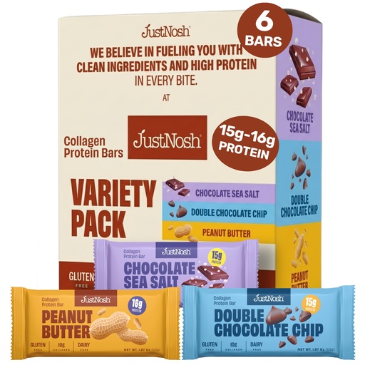 [BRSRGBLQPMMQ22Q3] JUSTNOSH Best Sellers Sampler Pack Collagen Protein Bars – 15g Protein, 10g Collagen | Gluten & Dairy Free, Low FODMAP, Seed Oil Free (6 Pack)