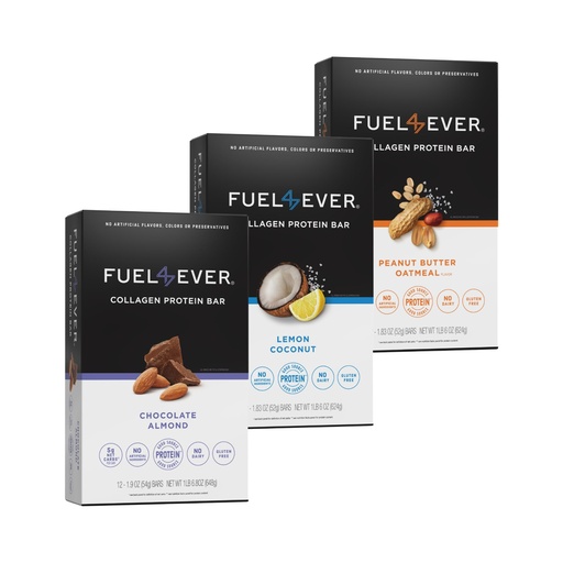 [BRSRGCT2OEPRYCYY] Fuel 4 Ever Collagen Protein Bars Variety Pack (36 Bars) | Gluten & Dairy Free, No Stevia or Artificial Ingredients, Honey Sweetened | Chocolate Almond, Lemon Coconut & Peanut Butter Oat (3 Boxes)