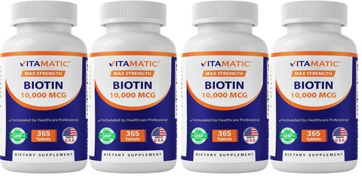 [BRSRGFIFOR4AI3LO] Vitamatic Biotin 10,000 mcg (10 mg) for Stronger Hair, Skin & Nails - 365 Vegan Tablets- Also Called Vitamin B7-4 Pack