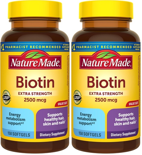 [BRSRGGQKPNYR4GT3] Nature Made Biotin 2500 mcg Extra Strength, Biotin Supplements Support Healthy Hair Skin & Nails, 150 Softgels, 150 Day Supply, (Pack of 2)