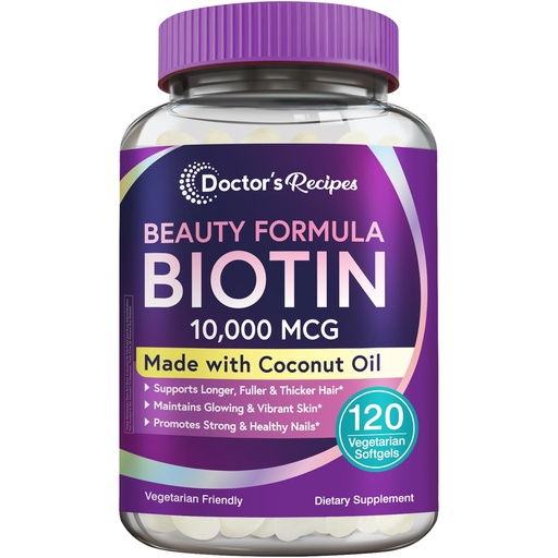 [BRSRAHQCPIMAY3DL] Doctor's Recipes Biotin 10,000 mcg, Hair Growth, Healthy Skin & Nails, Energy Metabolism, Vegetarian-Friendly Biotin, with Coconut Oil, Non-GMO, 4 Month Supply, 120 Vegetarian Softgels