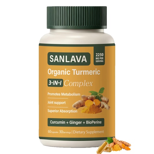 [BRSRGAIOCN6Q2ETB] Organic Turmeric 3 in 1, Organic Turmeric Complex Supplement 2250mg,Vegan,60 Capsules