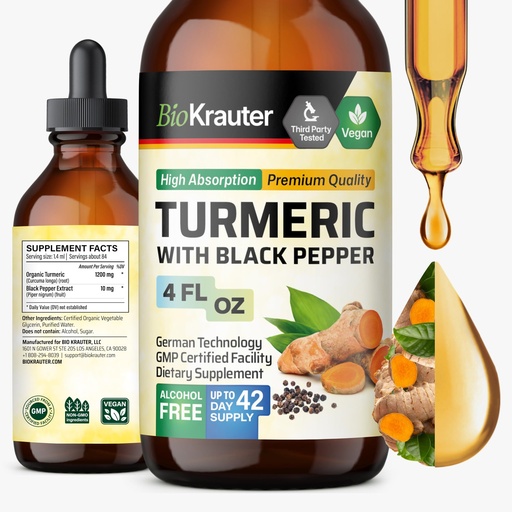 [BRSWYYYTAUIAOFA2] BIO KRAUTER® Turmeric Supplement for Mobility Support - Pure Vegan Curcumin with Black Pepper 4 Fl.Oz 42 Days of Supply - Curcumin Drops 1200 mg for Antioxidant & Immune Support - Alcohol & Sugar Free