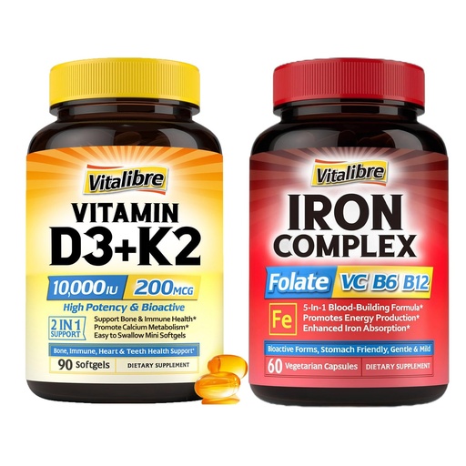 [BRSREEIQOUNGED33] Vitalibre Iron Complex Supplement 60 Capsules & Vitamin D3 K2 Supplement 10000 IU 90 Softgels