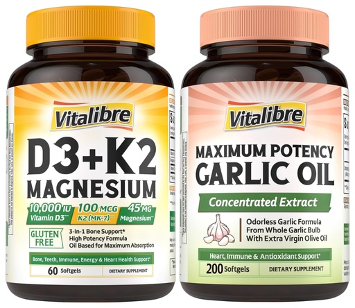 [BRSRYYYOOZ5AGGTG] Vitalibre D3 K2 with Magnesium Glycinate (Bone & Energy) + Odorless Garlic Oil (Heart & Immune) – Non-GMO, Gluten-Free – 60+200 Softgels