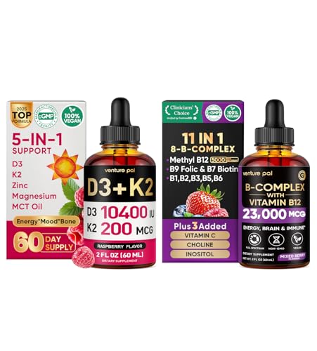 [BRSRYYL7AQIR4HI6] Venture Pal Vitamin B Complex + Vitamin D3 K2 Liquid Drops Bundle | B12 Methylcobalamin, B1, B2, B3, B5, B6, B9 Folic, D3 10000 IU & K2 MK-7 with Magnesium & Zinc | Bone, Energy & Immune Support