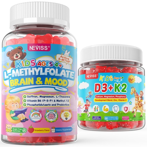 [BRSRYYL7OABWEC3A] NEVISS Sugar Free Kids D3 K2 Gummies 2 Pack + Kids L-Methylfolate Gummies 2 Pack