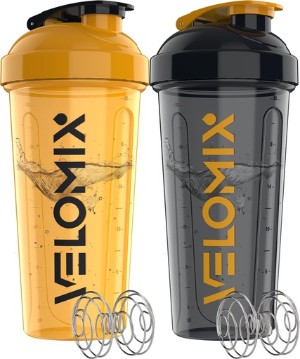 [BRSRAC35CQIAKC3A] VELOMIX -2 Pack- 28 oz Protein Shaker Bottles for Protein Mixes - 2x Wire Whisk | Leak Proof Shaker Cups for Protein Shakes and Pre Workout | Protein Shaker Bottle Pack (A8) Golden Stone