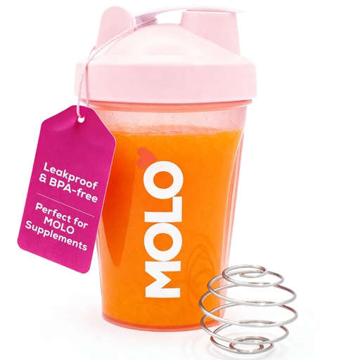 [BRSRGGAOPMIAOG32] MOLO 12 oz Shaker Bottle with Stainless Steel Mixer Ball, BPA and Phthalate Free, Dishwasher Safe, Leak Proof Lid, For Protein, Pre Workout, & other Supplements (Pink)