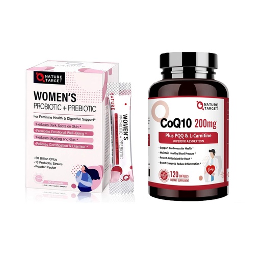 [BRSW2CTYPMOWY3LA] NATURE TARGET Probiotics Powder Supplement for Women & CoQ10-200mg with PQQ L-Carnitine & Omega-3s High Absorption