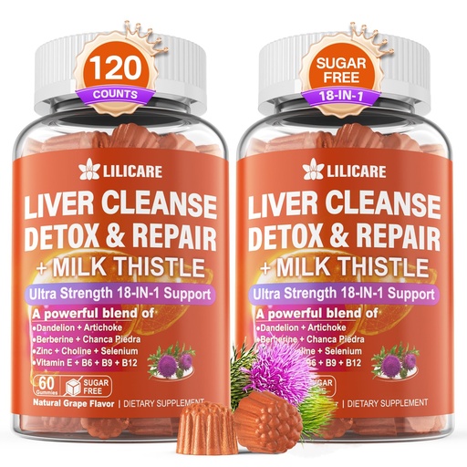 [BRSRAEABCQFBGCI7] Milk Thistle Liver Detox Gummies, 18-IN-1 Liver Cleanse Detox & Repair Supplement with Berberine, Chicory Root, Turmeric, Artichoke, Dandelion Root, Chanca Piedra, Vitamins B6 B12-Sugar Free,Pack of 2